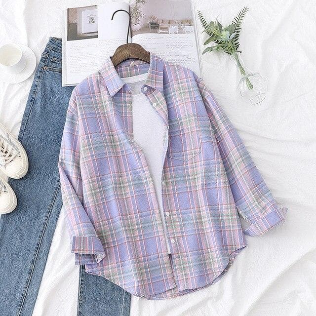 Pastel Checkered Button-Down Blouse