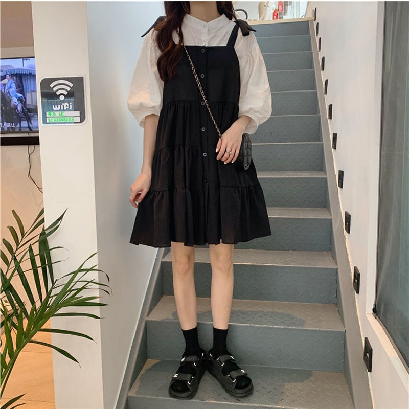 Two-Piece-Set: Lantern Sleeve Blouse + Loose-Fitting Dress With Buttons