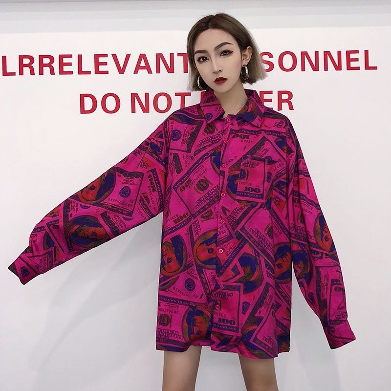 Button-Down Blouse With Dollar Bill Print