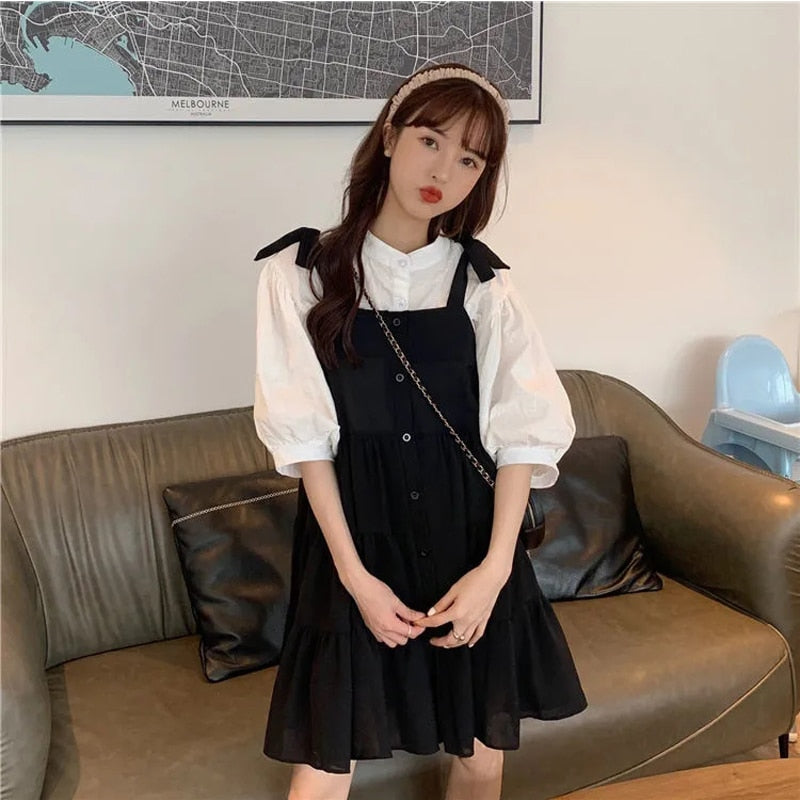 Two-Piece-Set: Lantern Sleeve Blouse + Loose-Fitting Dress With Buttons
