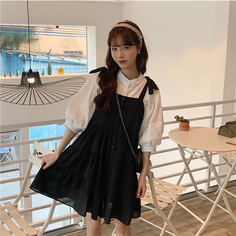 Two-Piece-Set: Lantern Sleeve Blouse + Loose-Fitting Dress With Buttons