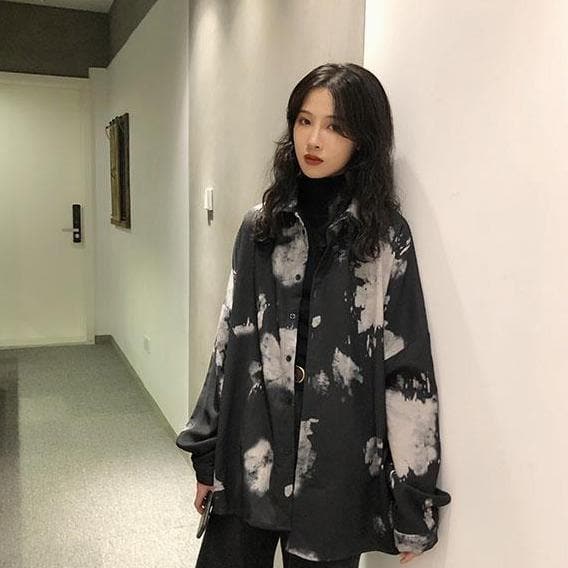 Button-Down Blouse With White Color Splash Print And Chest Pocket