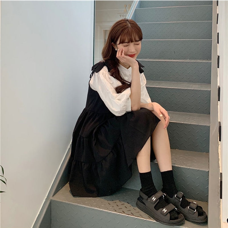 Two-Piece-Set: Lantern Sleeve Blouse + Loose-Fitting Dress With Buttons