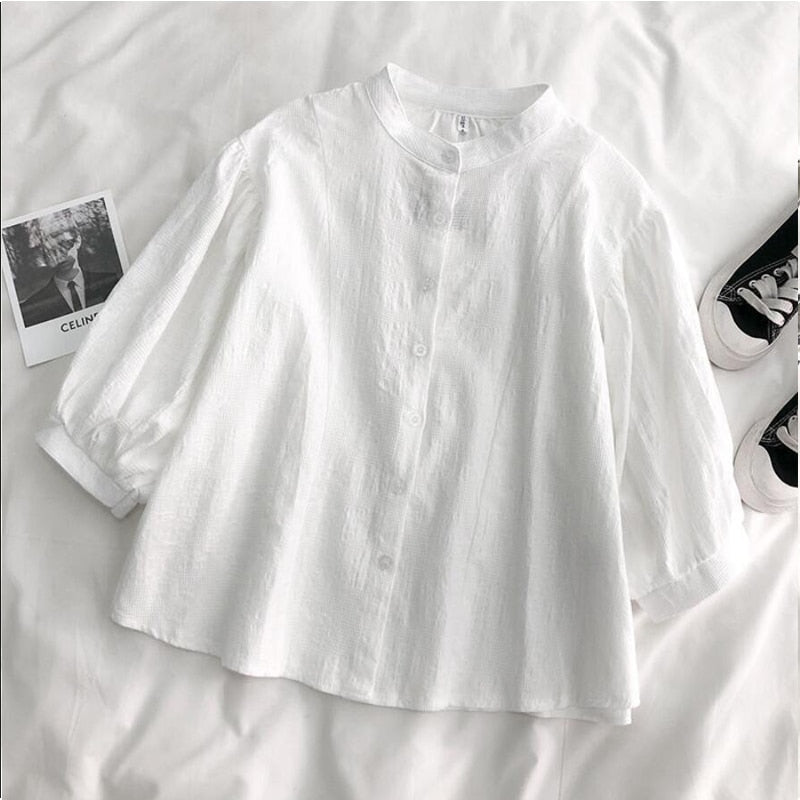 Two-Piece-Set: Lantern Sleeve Blouse + Loose-Fitting Dress With Buttons