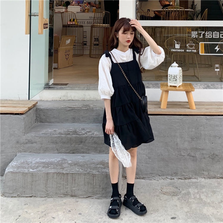 Two-Piece-Set: Lantern Sleeve Blouse + Loose-Fitting Dress With Buttons