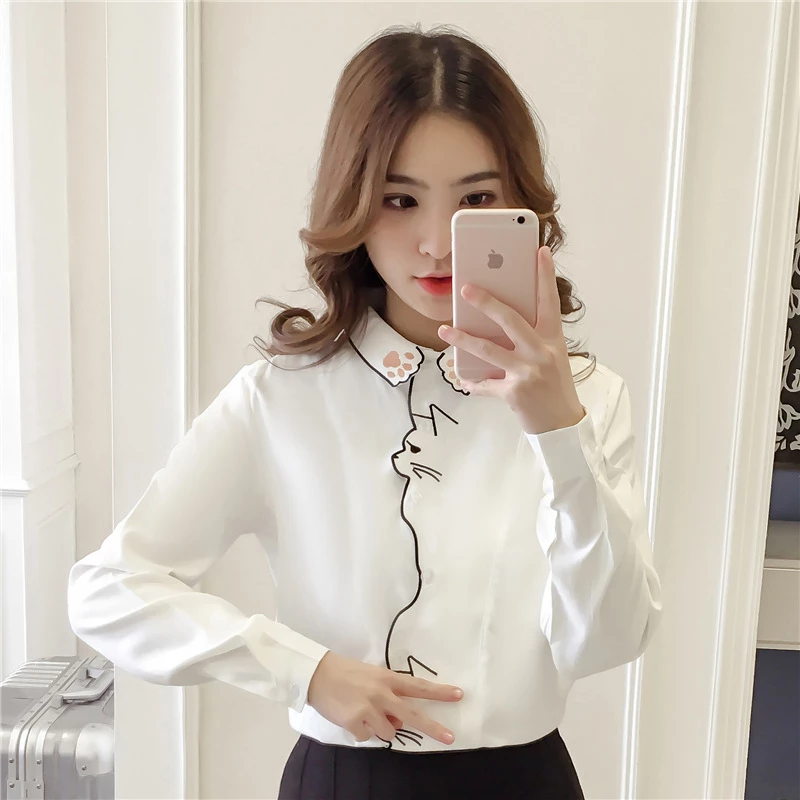 Collared Blouse With Cat Embroidery