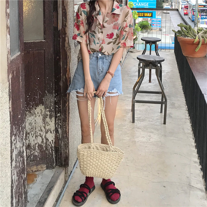 Shortsleeved Button-Down Blouse With Floral Print