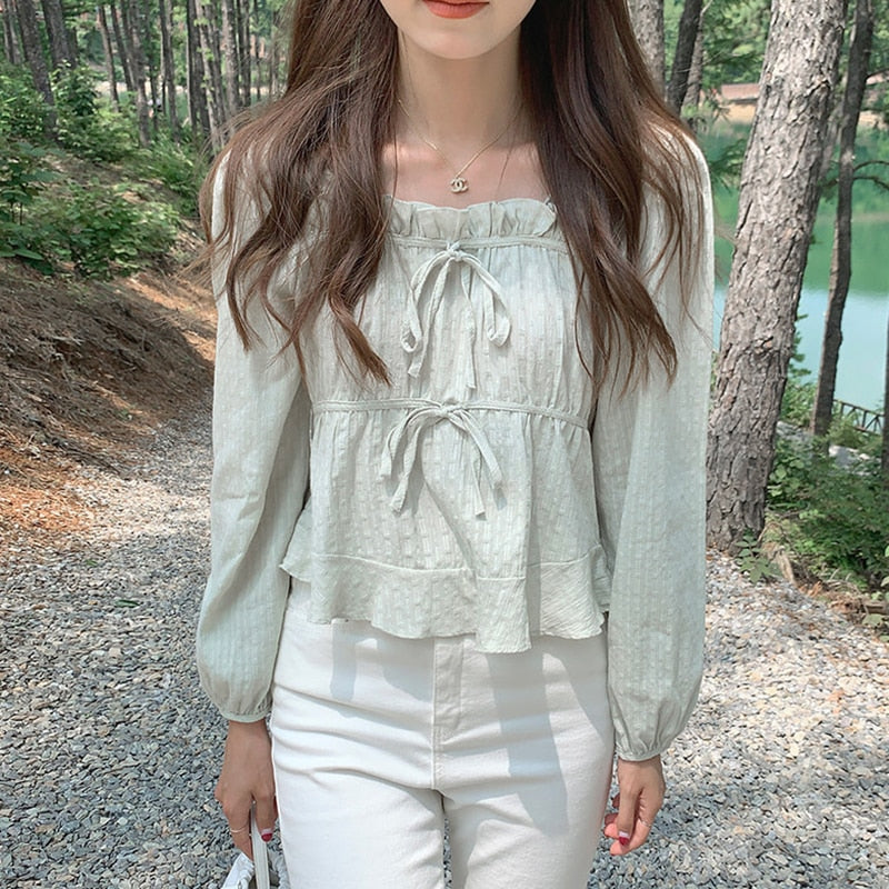 Linen-Cotton-Blend Ruffled Top with Ribbon Details