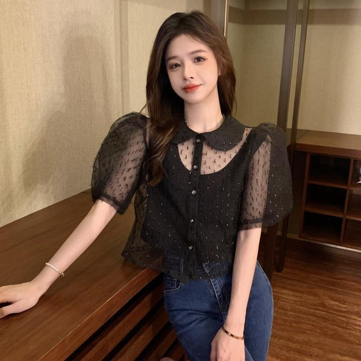 2-Piece-Set: Sheer Button-Down Blouse With Lantern Sleeves + Camisole