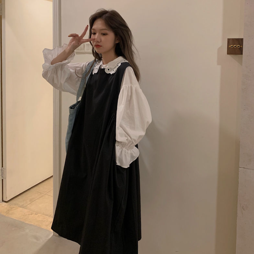 Outfit-Set: A-Line Dress + Blouse With Flare Sleeves