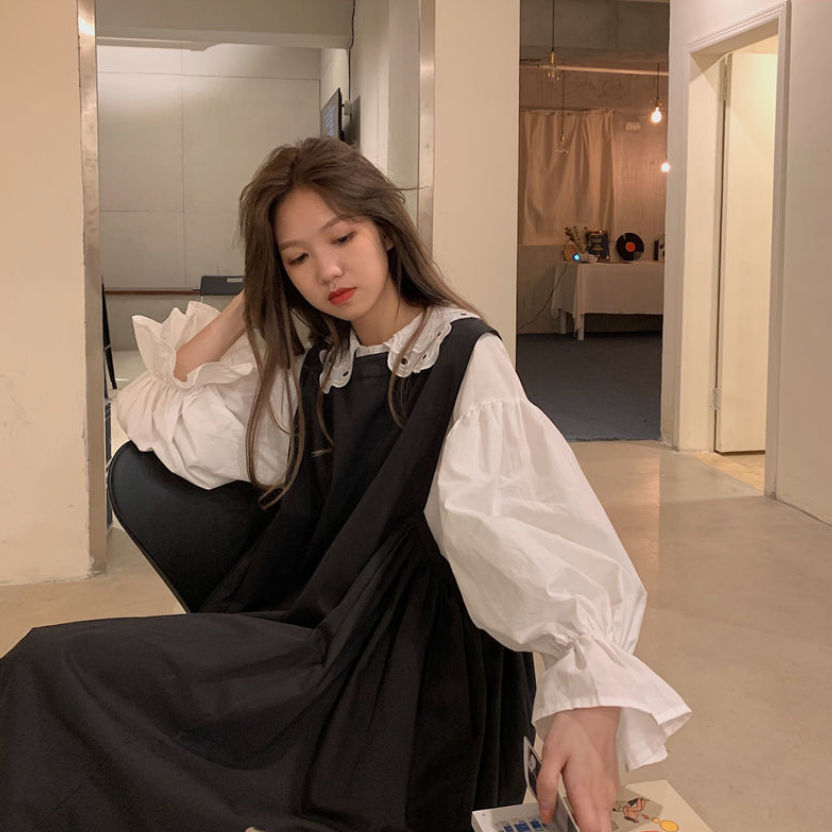 Outfit-Set: A-Line Dress + Blouse With Flare Sleeves