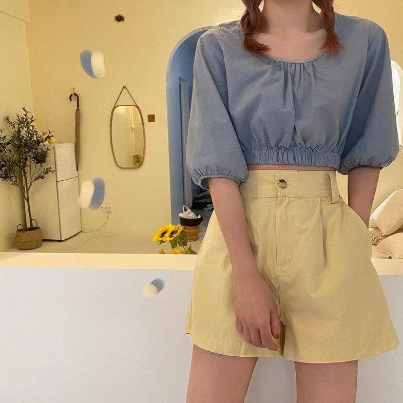 Cropped Blouse With Ruffled Hem And Sleeves
