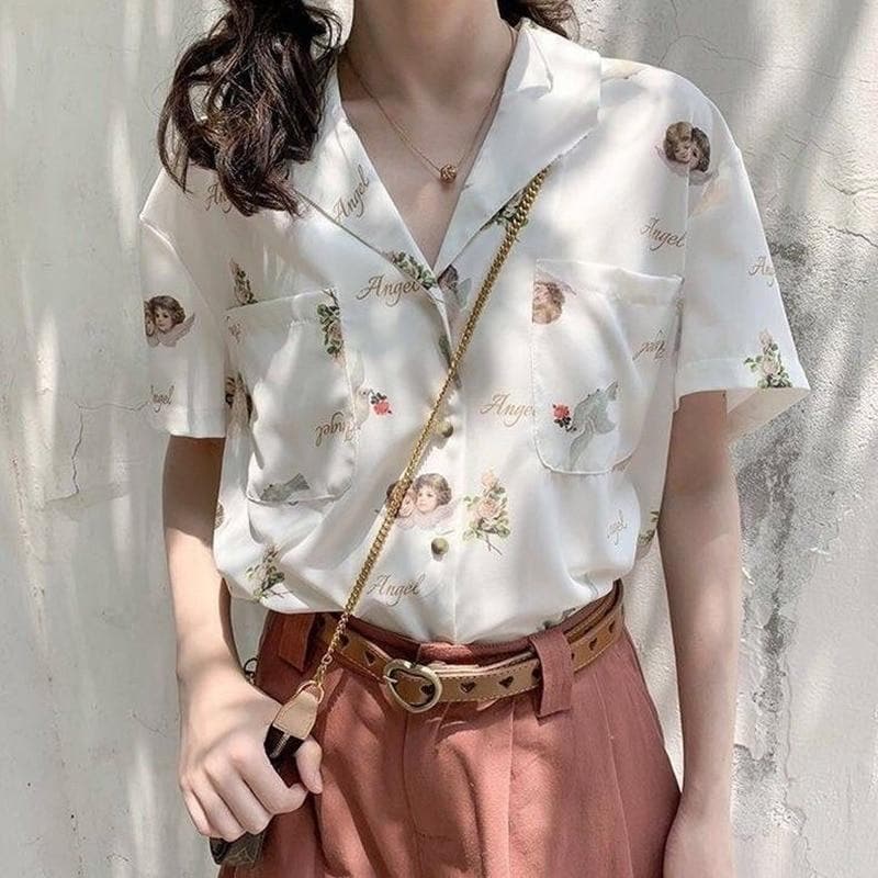 Collared Blouse with Short Sleeves and Angel Print