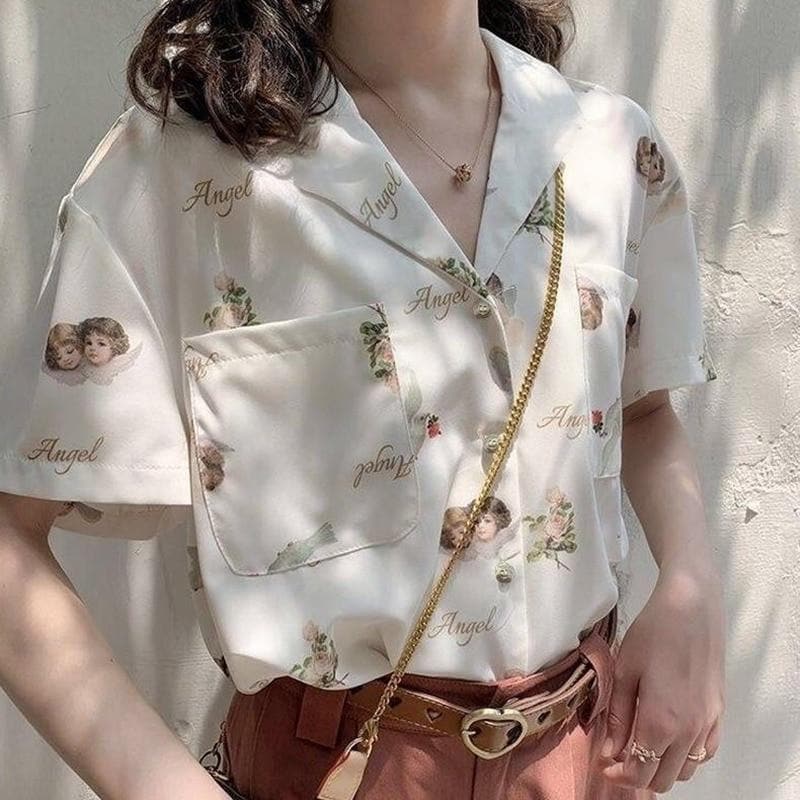 Collared Blouse with Short Sleeves and Angel Print