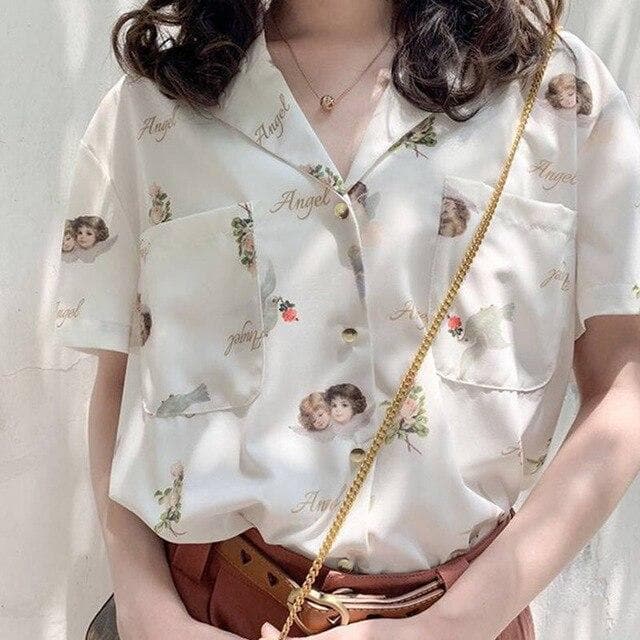 Collared Blouse with Short Sleeves and Angel Print