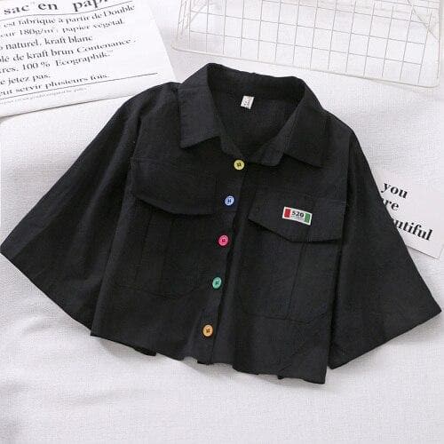 Cropped Blouse With Colorful Buttons and Wide Sleeves