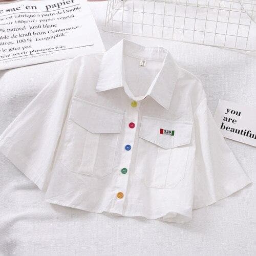 Cropped Blouse With Colorful Buttons and Wide Sleeves
