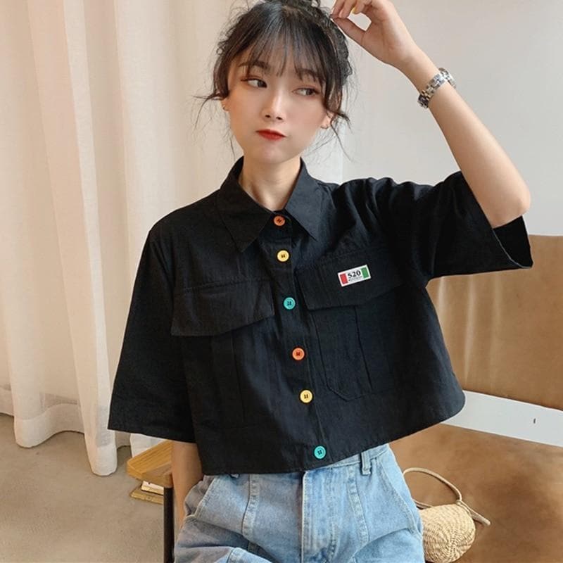 Cropped Blouse With Colorful Buttons and Wide Sleeves