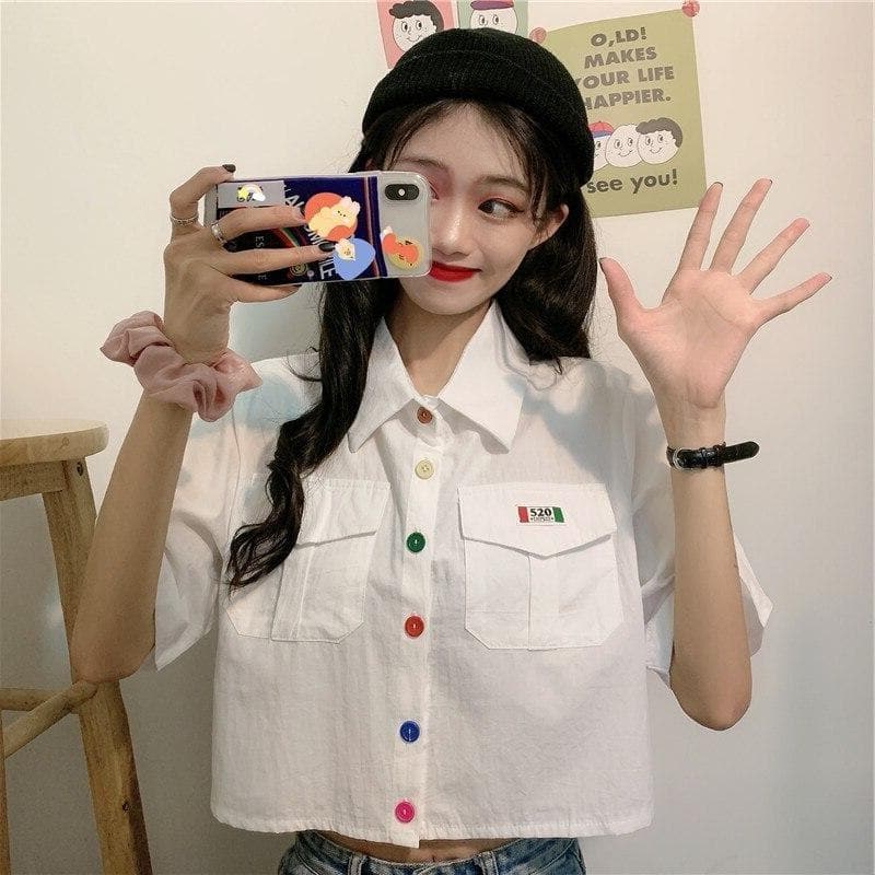 Cropped Blouse With Colorful Buttons and Wide Sleeves