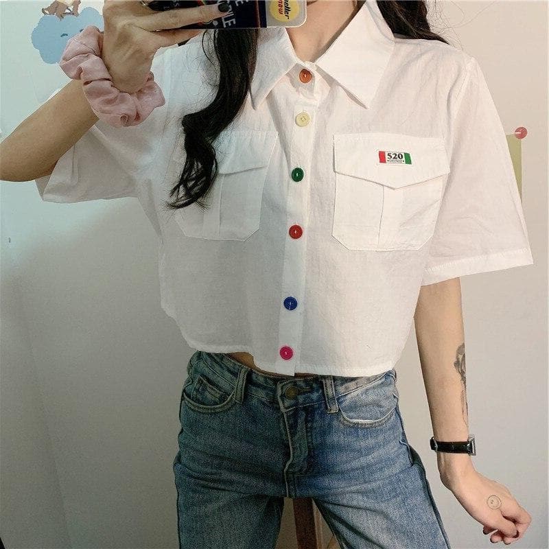 Cropped Blouse With Colorful Buttons and Wide Sleeves