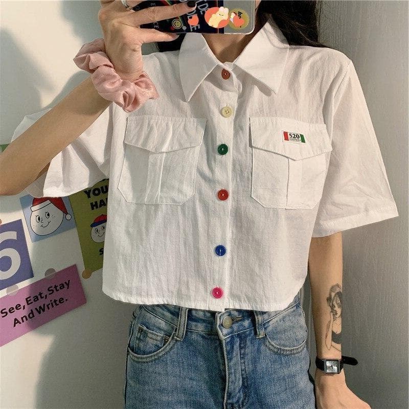 Cropped Blouse With Colorful Buttons and Wide Sleeves