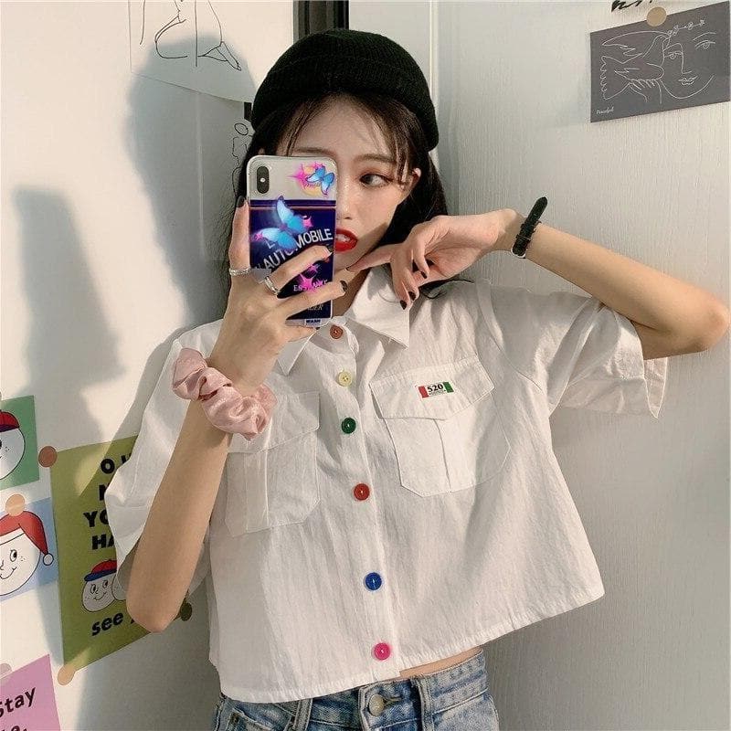 Cropped Blouse With Colorful Buttons and Wide Sleeves