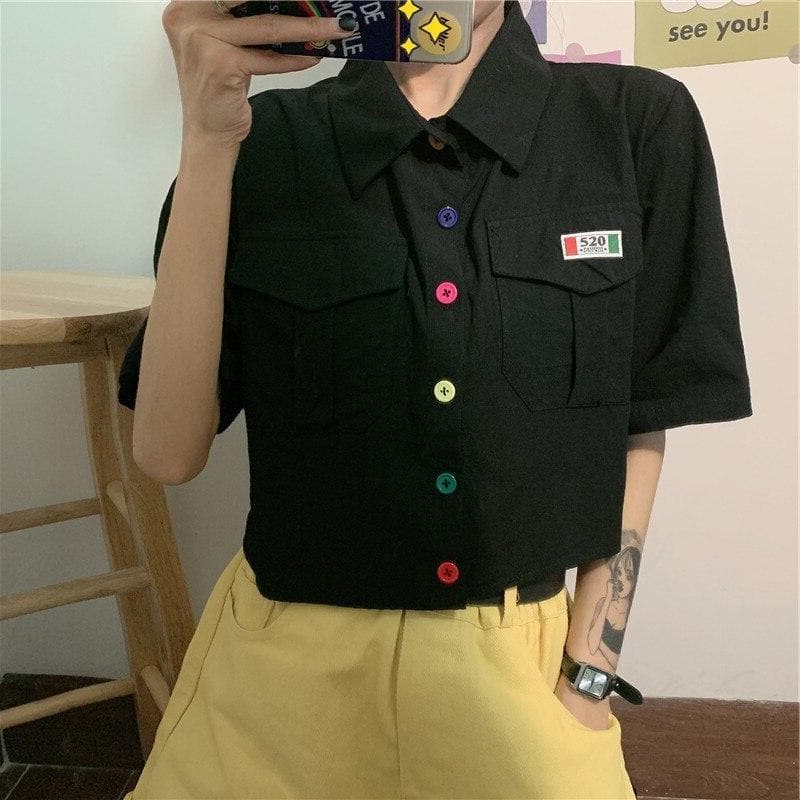 Cropped Blouse With Colorful Buttons and Wide Sleeves