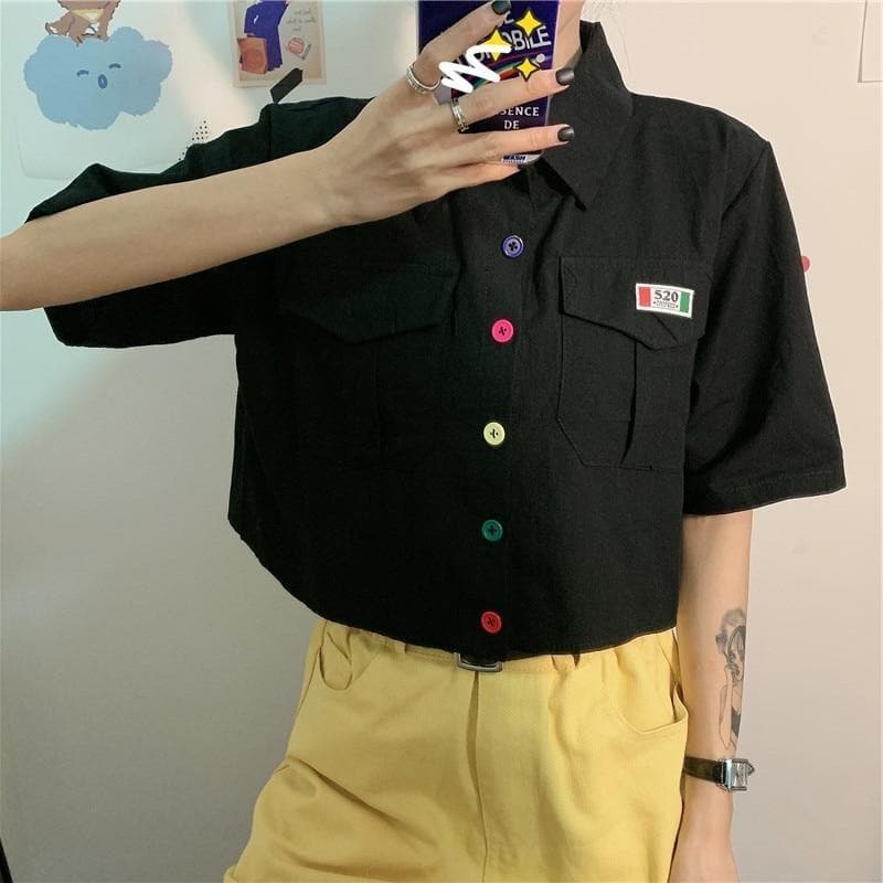 Cropped Blouse With Colorful Buttons and Wide Sleeves