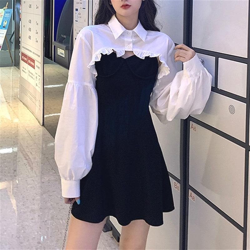 2-in-1 Mini Dress + Collared Shirt with Lantern Sleeves