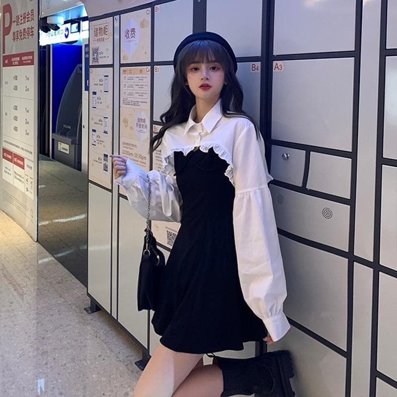2-in-1 Mini Dress + Collared Shirt with Lantern Sleeves
