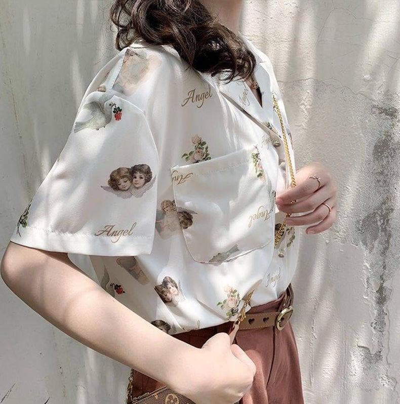 Collared Blouse with Short Sleeves and Angel Print