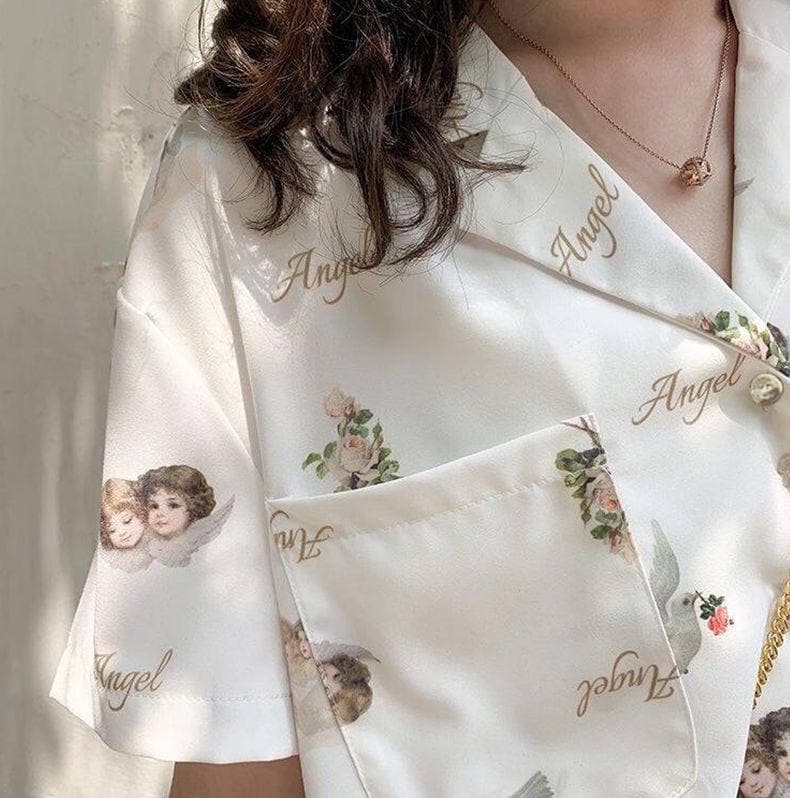 Collared Blouse with Short Sleeves and Angel Print