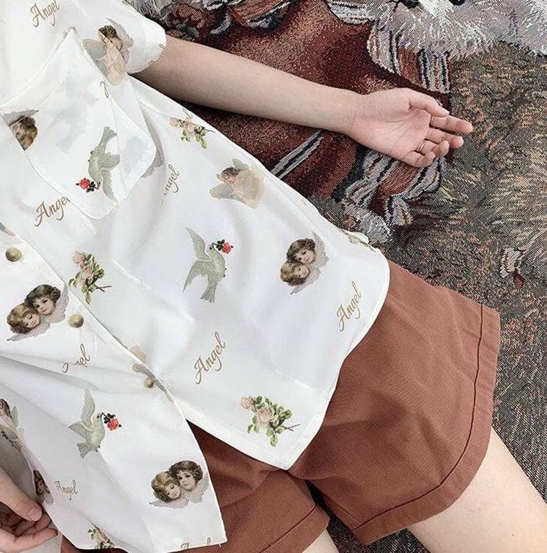Collared Blouse with Short Sleeves and Angel Print
