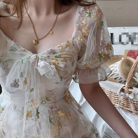 Puffy Off-The-Shoulder Dress/Blouse With Floral Mesh Layer