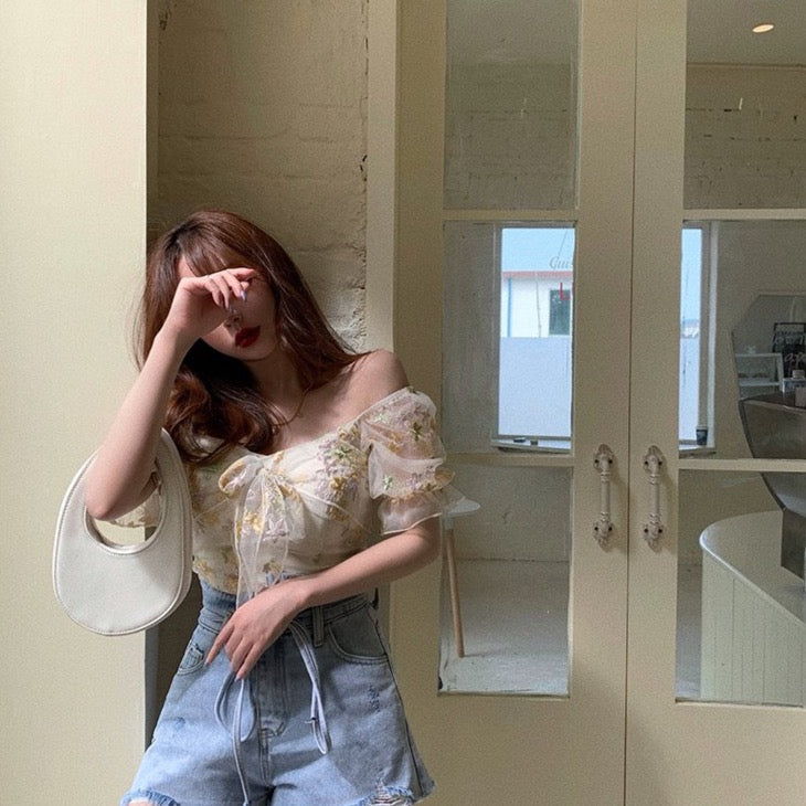 Puffy Off-The-Shoulder Dress/Blouse With Floral Mesh Layer