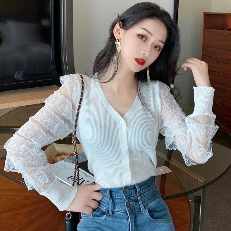 Slim-Fit Cardigan with Ruffled Lace Sleeves