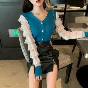 Slim-Fit Cardigan with Ruffled Lace Sleeves
