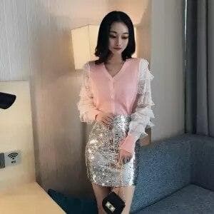 Slim-Fit Cardigan with Ruffled Lace Sleeves