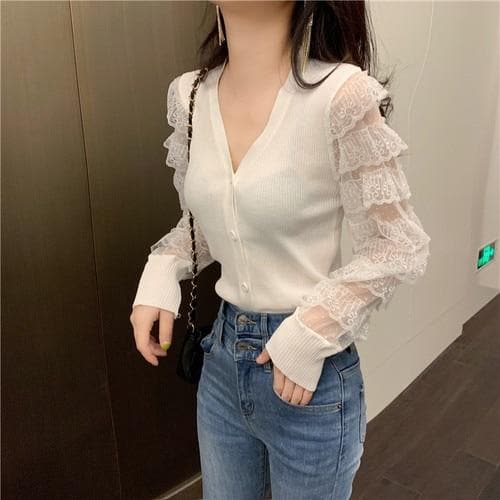 Slim-Fit Cardigan with Ruffled Lace Sleeves