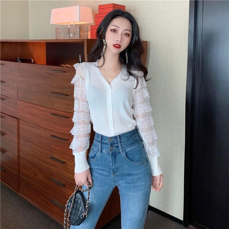 Slim-Fit Cardigan with Ruffled Lace Sleeves