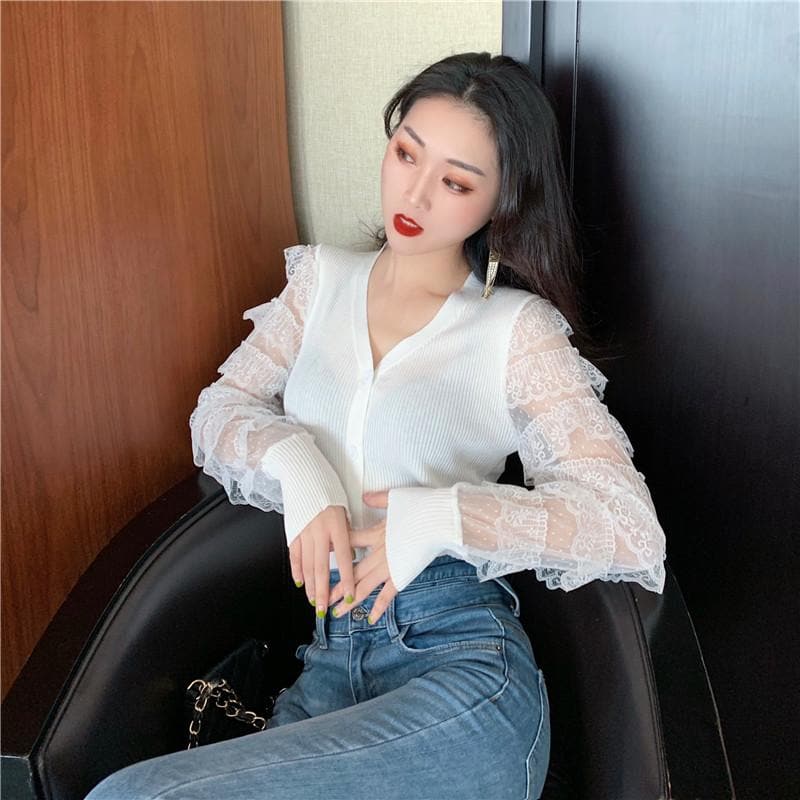 Slim-Fit Cardigan with Ruffled Lace Sleeves