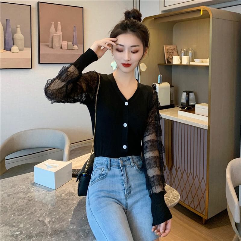 Slim-Fit Cardigan with Ruffled Lace Sleeves