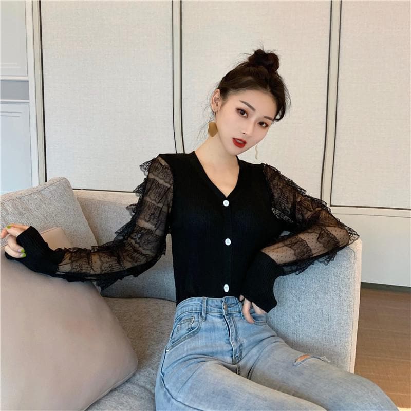 Slim-Fit Cardigan with Ruffled Lace Sleeves