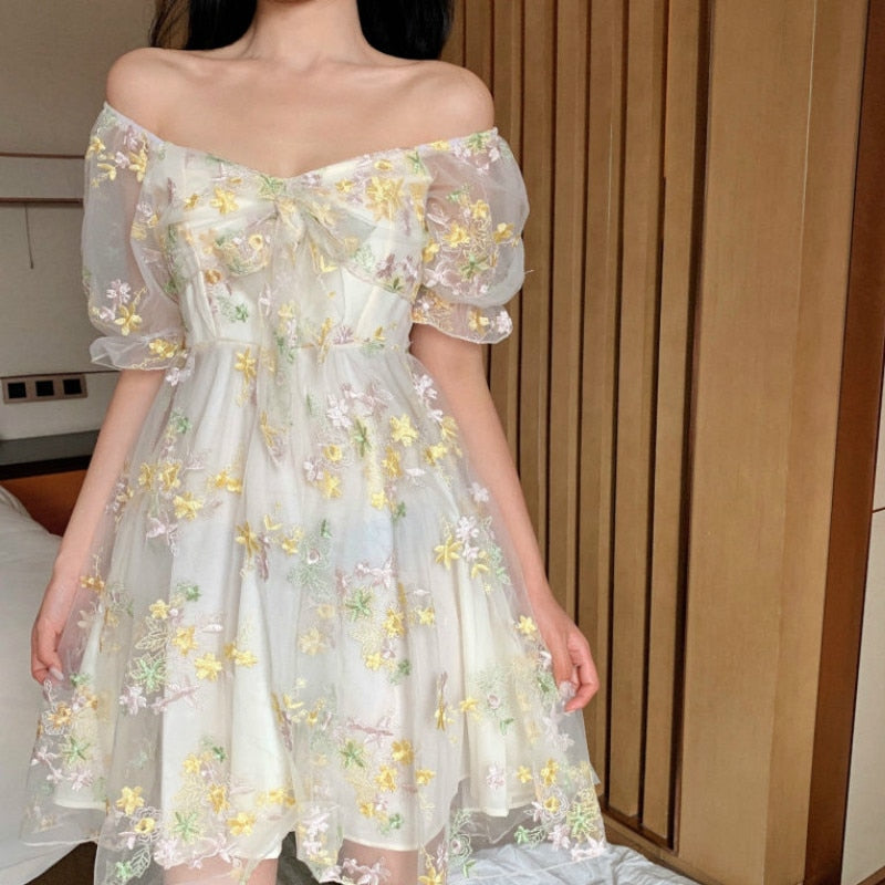 Puffy Off-The-Shoulder Dress/Blouse With Floral Mesh Layer