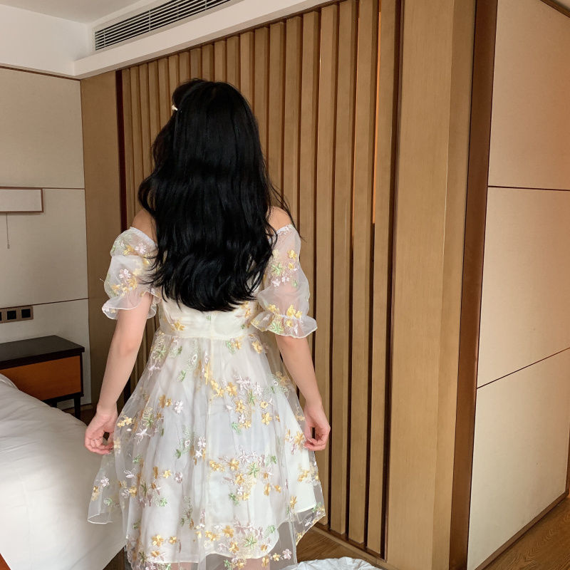 Puffy Off-The-Shoulder Dress/Blouse With Floral Mesh Layer
