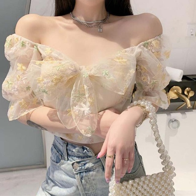 Puffy Off-The-Shoulder Dress/Blouse With Floral Mesh Layer