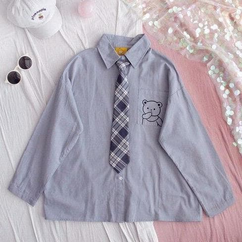 Buttoned Shirt With Bear Print And Plaid Tie