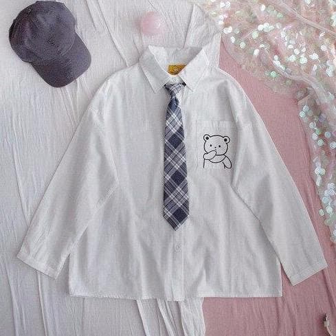 Buttoned Shirt With Bear Print And Plaid Tie