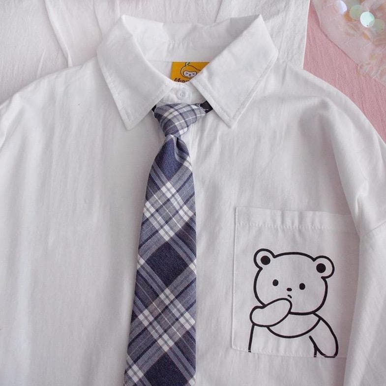 Buttoned Shirt With Bear Print And Plaid Tie