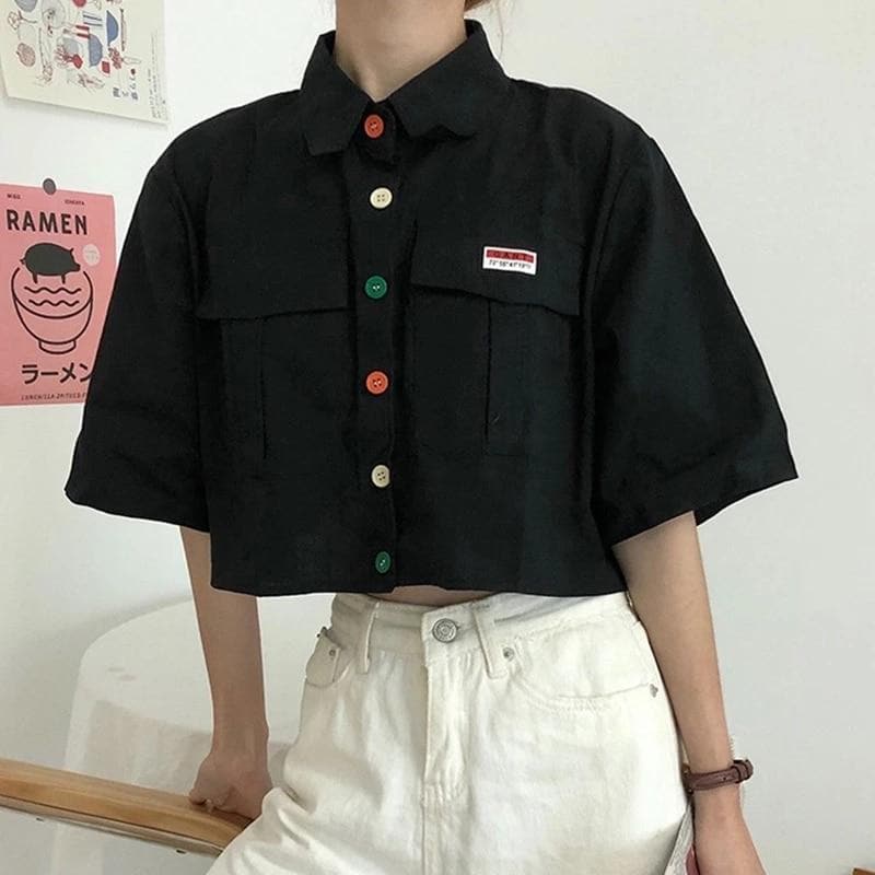 Cropped Blouse With Colorful Buttons and Wide Sleeves